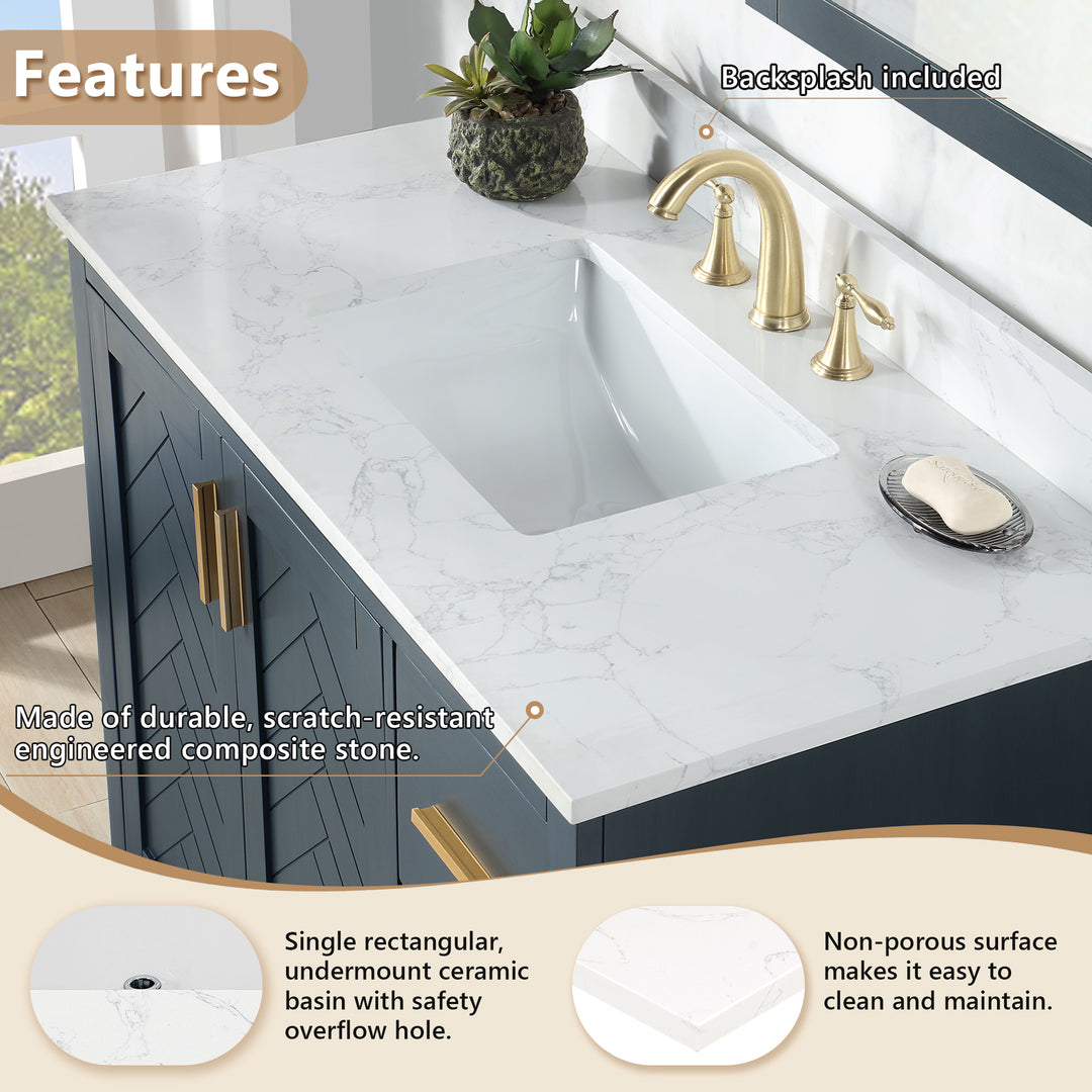 Ceres Engineered Stone Vanity Top in Grain White with Single White Sink