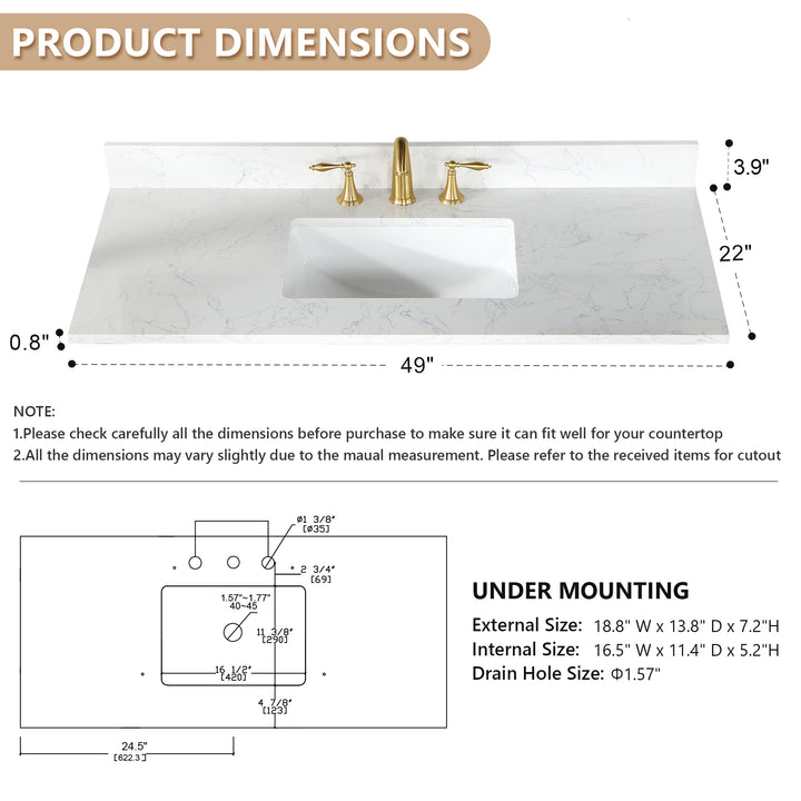 Ceres Engineered Stone Vanity Top in Grain White with Single White Sink