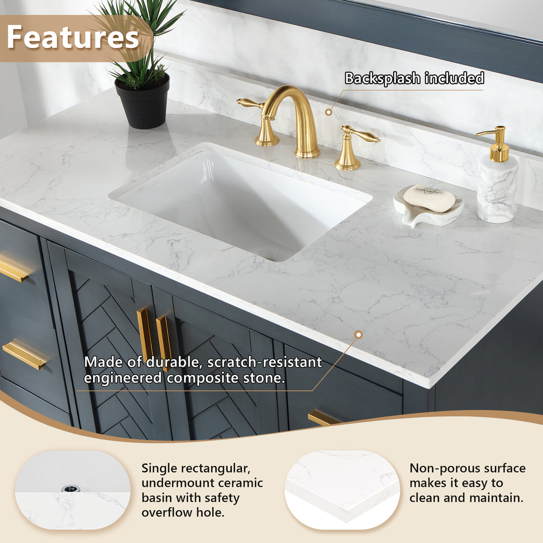 Ceres Engineered Stone Vanity Top in Grain White with Single White Sink