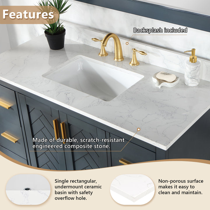 Ceres Engineered Stone Vanity Top in Grain White with Single White Sink