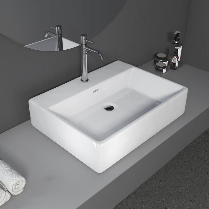 Fremont 24 in. Rectangle White Finish Ceramic Vessel Bathroom Vanity Sink with Overflow