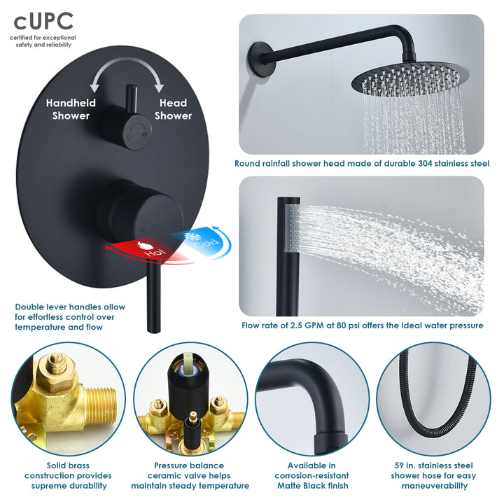 Herne Complete Shower System in Matte Black with Rough-In Valve with 8 In. Round Rain Shower Head