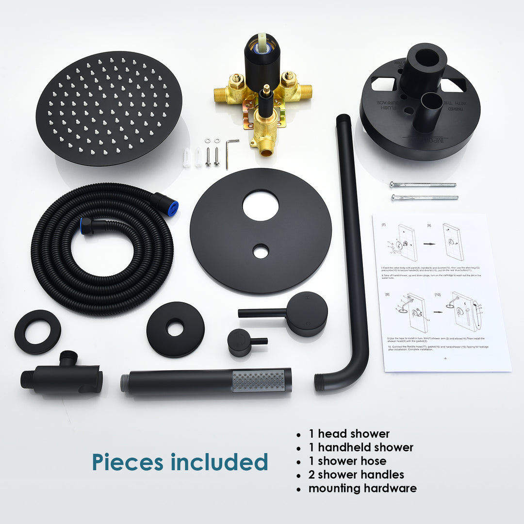 Herne Complete Shower System in Matte Black with Rough-In Valve with 8 In. Round Rain Shower Head