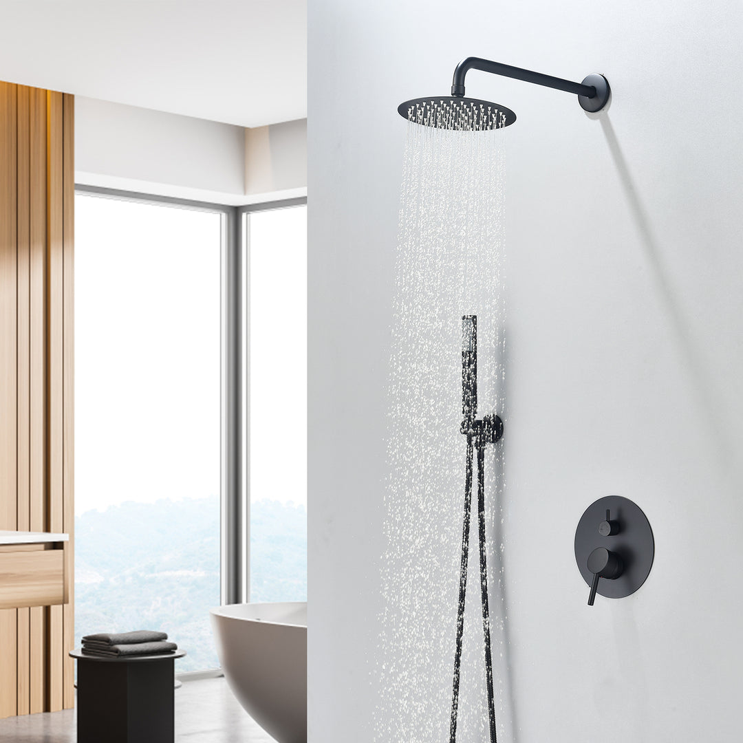 Herne Complete Shower System in Matte Black with Rough-In Valve with 8 In. Round Rain Shower Head