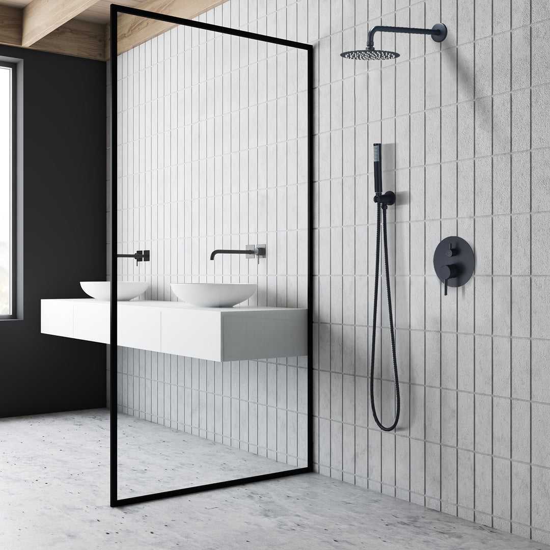 Herne Complete Shower System in Matte Black with Rough-In Valve with 8 In. Round Rain Shower Head
