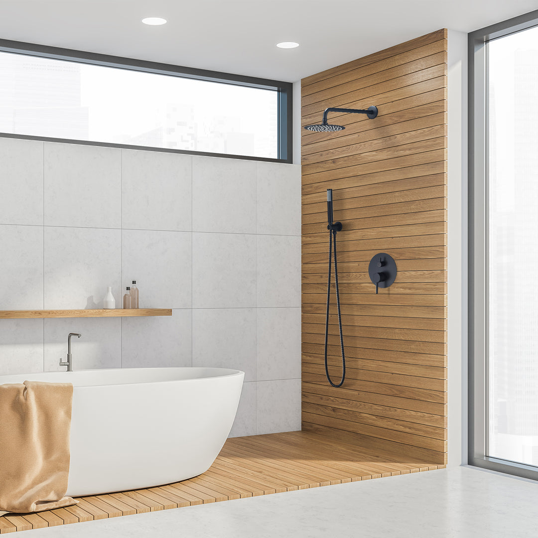 Herne Complete Shower System in Matte Black with Rough-In Valve with 8 In. Round Rain Shower Head