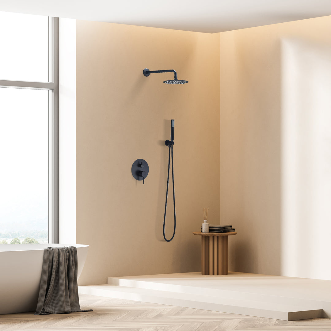 Herne Complete Shower System in Matte Black with Rough-In Valve with 8 In. Round Rain Shower Head