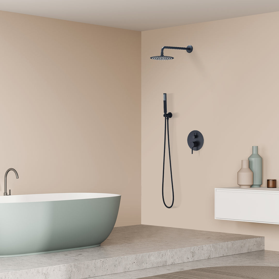 Herne Complete Shower System in Matte Black with Rough-In Valve with 8 In. Round Rain Shower Head