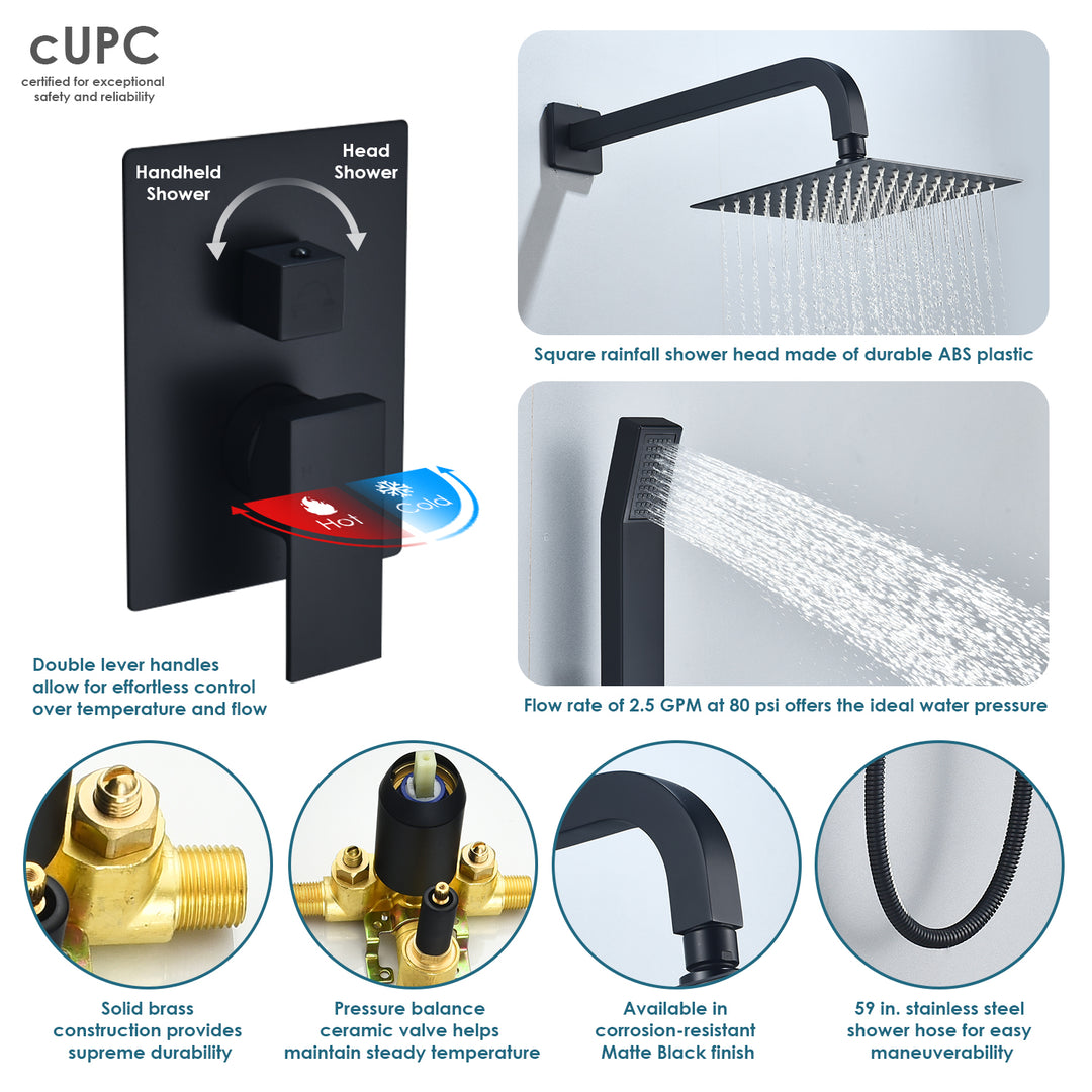 Raeren Complete Shower System in Matte Black with Rough-In Valve with 8 In. Square Rain Shower Head