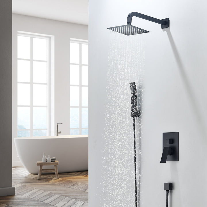 Raeren Complete Shower System in Matte Black with Rough-In Valve with 8 In. Square Rain Shower Head