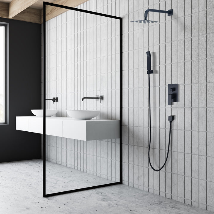 Raeren Complete Shower System in Matte Black with Rough-In Valve with 8 In. Square Rain Shower Head
