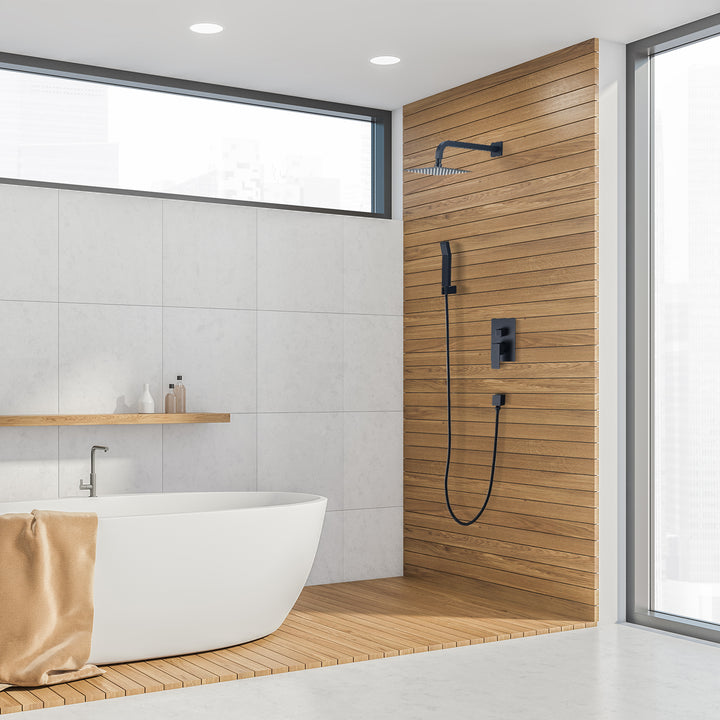 Raeren Complete Shower System in Matte Black with Rough-In Valve with 8 In. Square Rain Shower Head