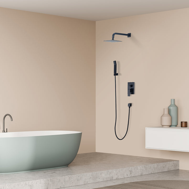Raeren Complete Shower System in Matte Black with Rough-In Valve with 8 In. Square Rain Shower Head