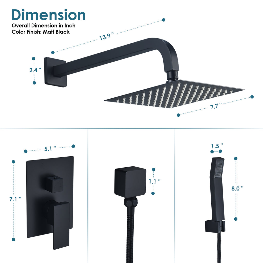 Raeren Complete Shower System in Matte Black with Rough-In Valve with 8 In. Square Rain Shower Head