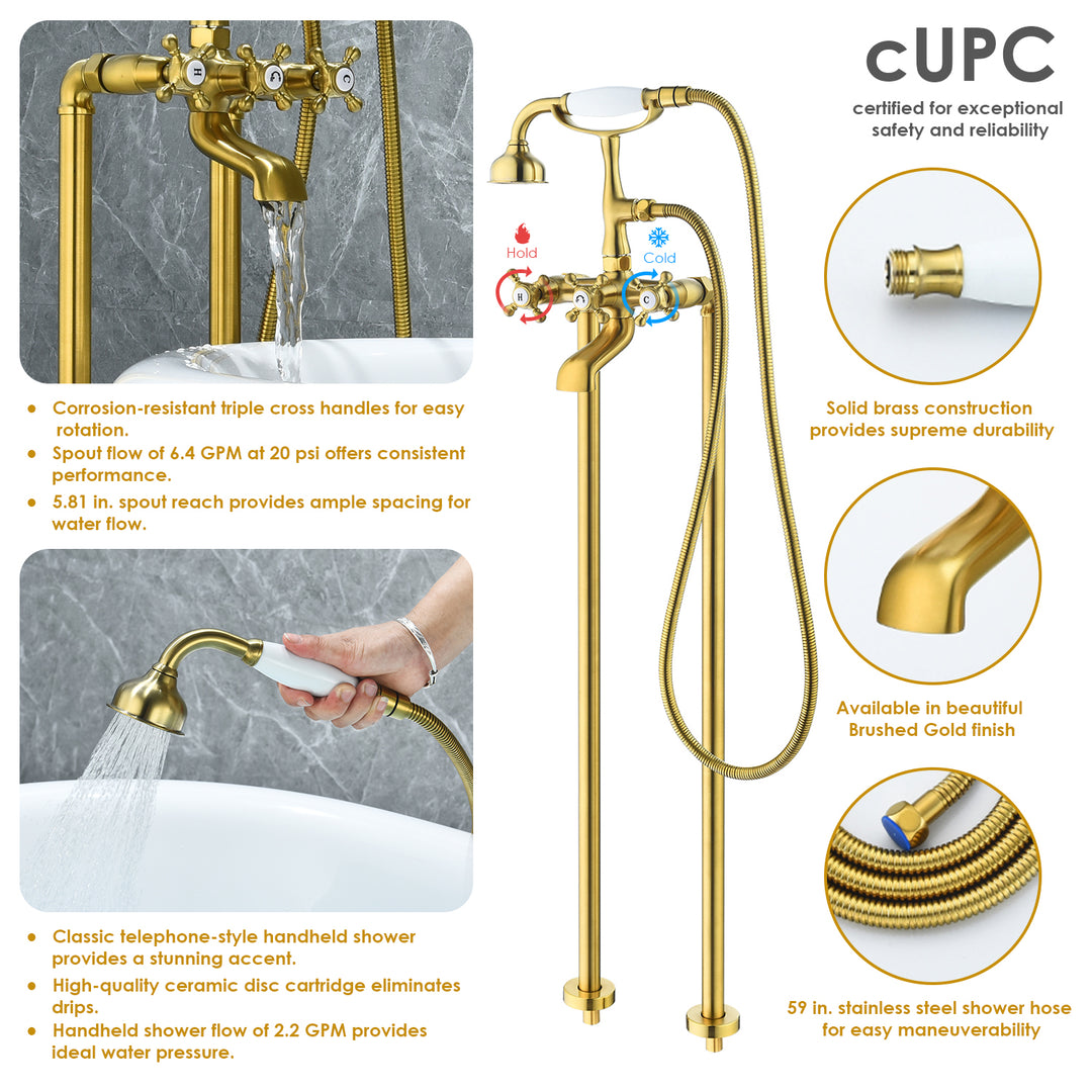 Force Vintage Style Cross Handle Claw Foot Floor Mounted Tub Filler
