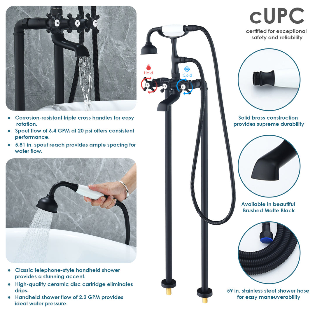 Force Vintage Style Cross Handle Claw Foot Floor Mounted Tub Filler
