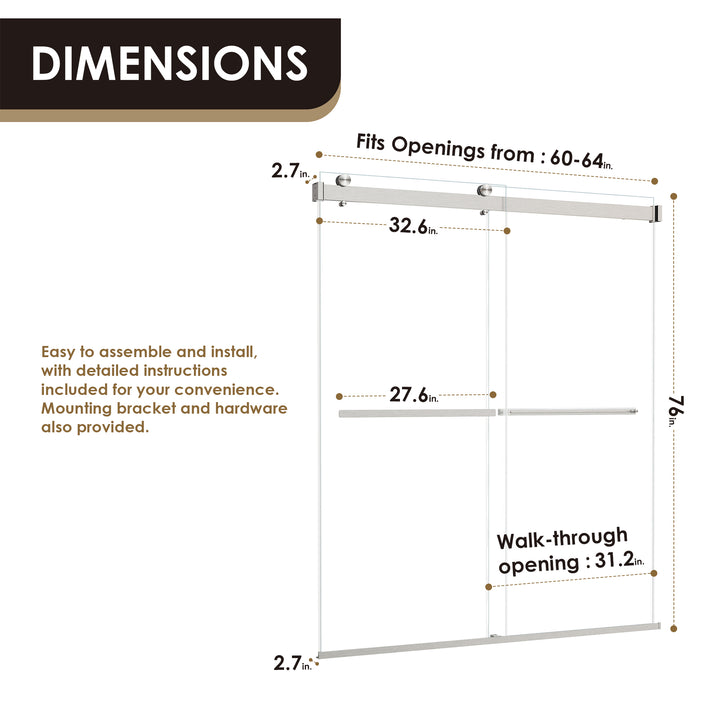 Marcelo 64" W x 76" H By Pass Frameless Shower Door