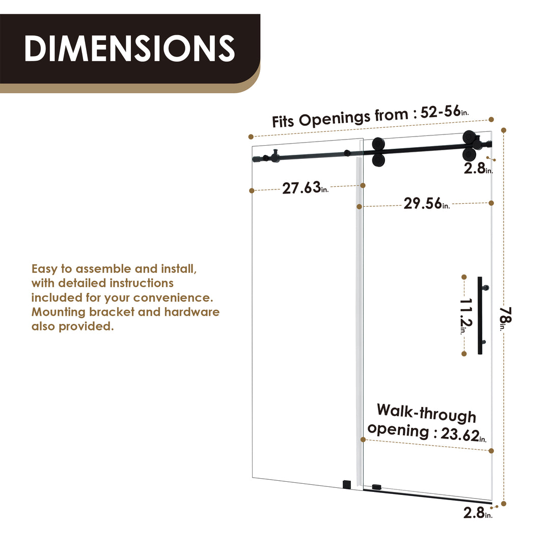 Lazaro 56" W x 78" H Single Sliding Frameless Shower Door