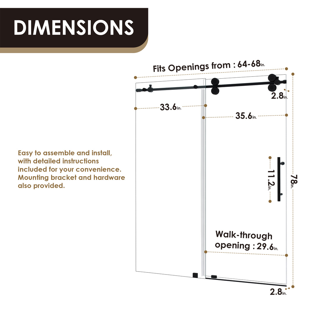 Lazaro 68" W x 78" H Single Sliding Frameless Shower Door
