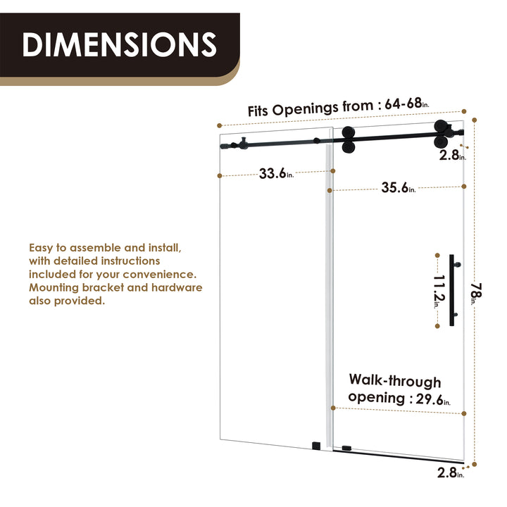 Lazaro 68" W x 78" H Single Sliding Frameless Shower Door