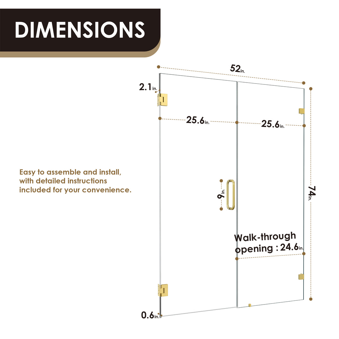 Roisin 52" W x 74" H Frameless Hinged Shower Door