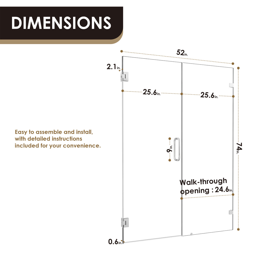 Roisin 52" W x 74" H Frameless Hinged Shower Door