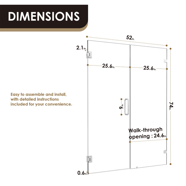 Roisin 52" W x 74" H Frameless Hinged Shower Door