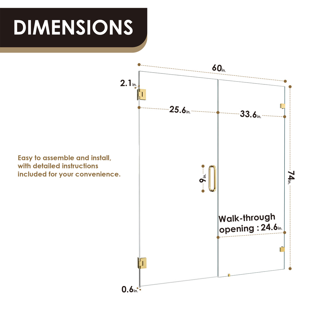 Roisin 60" W x 74" H Frameless Hinged Shower Door