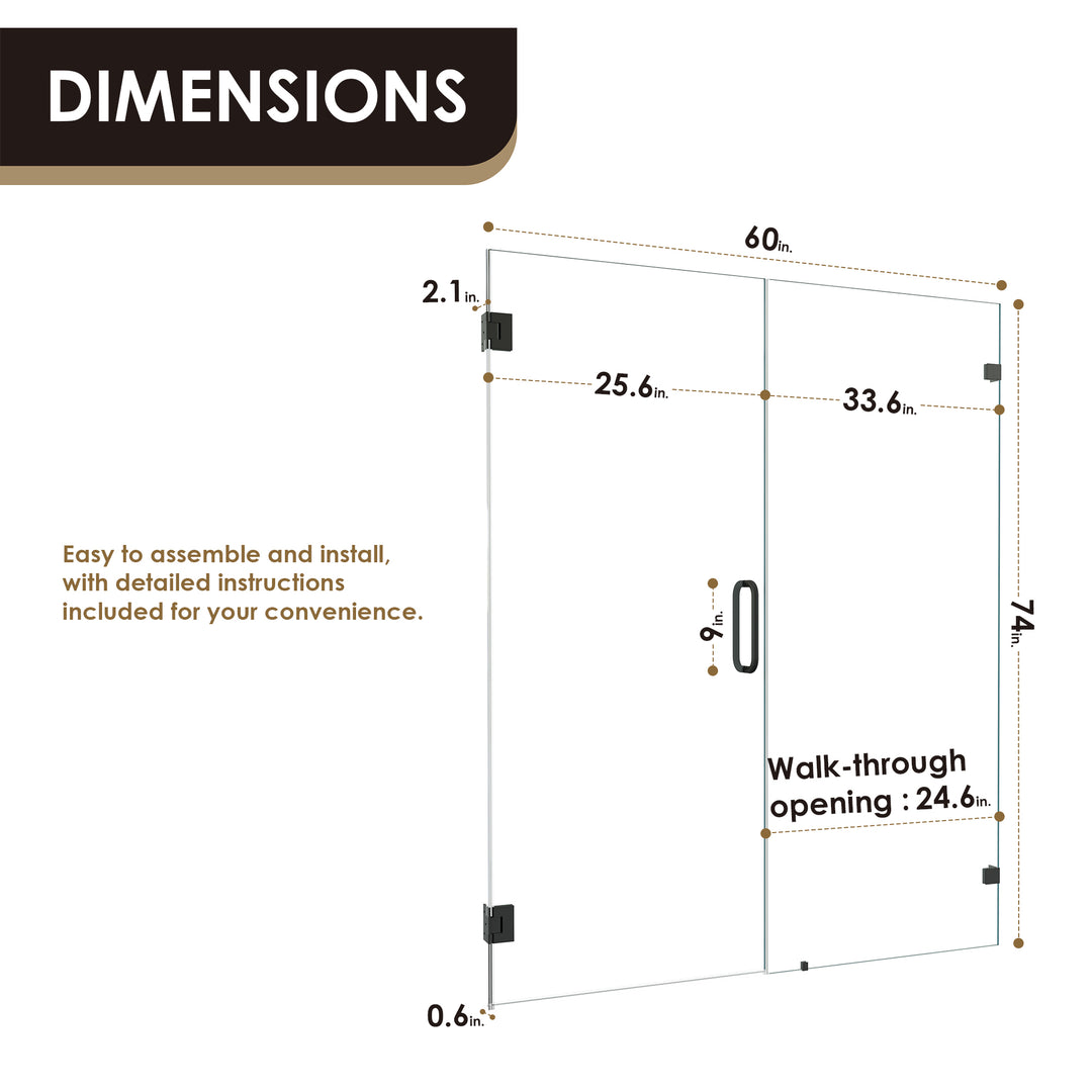 Roisin 60" W x 74" H Frameless Hinged Shower Door