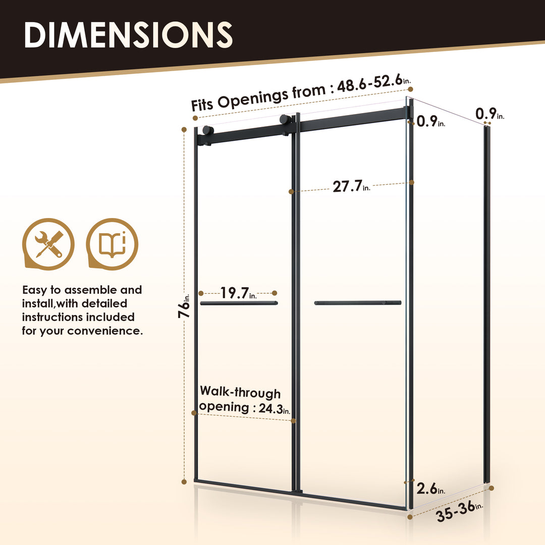 Belizzi 52" W x 76" H By Pass Frameless Exposed Roller Shower Enclosure