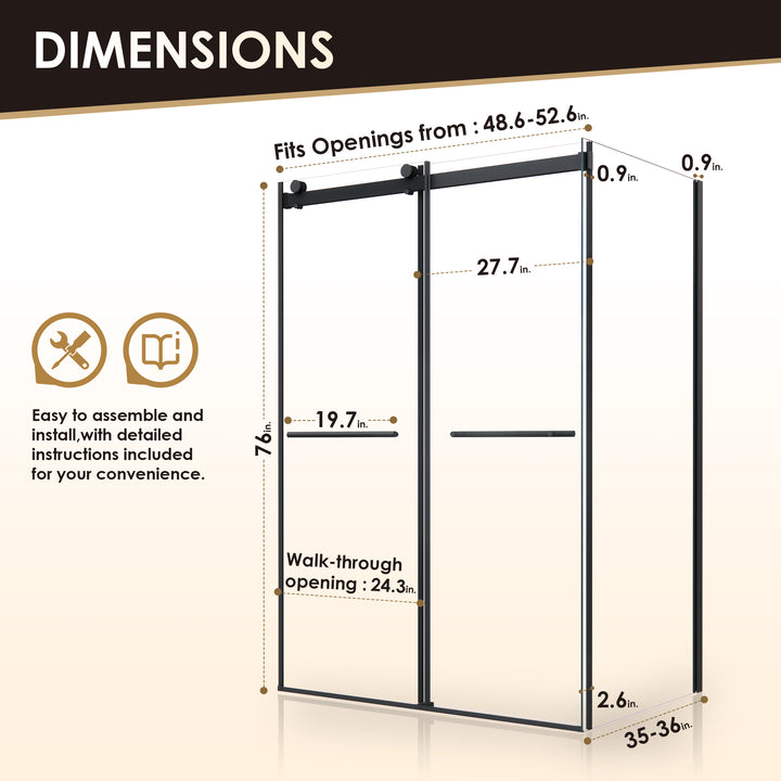 Belizzi 52" W x 76" H By Pass Frameless Exposed Roller Shower Enclosure