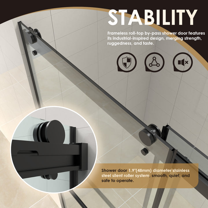 Belizzi 52" W x 76" H By Pass Frameless Exposed Roller Shower Enclosure