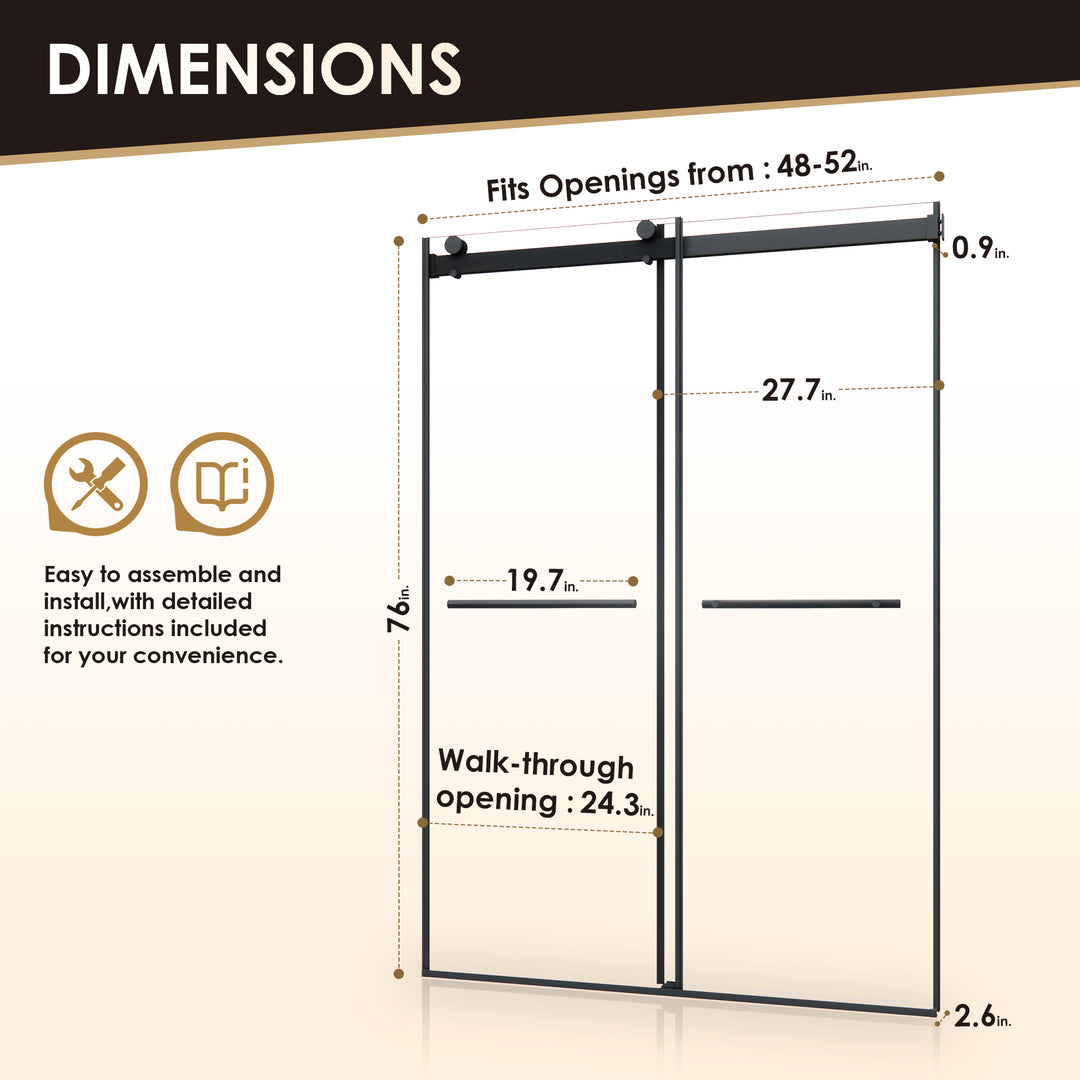 Belizzi 52" W x 76" H By Pass Frameless Exposed Roller Shower Door