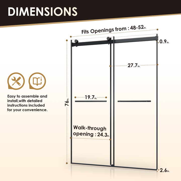 Belizzi 52" W x 76" H By Pass Frameless Exposed Roller Shower Door