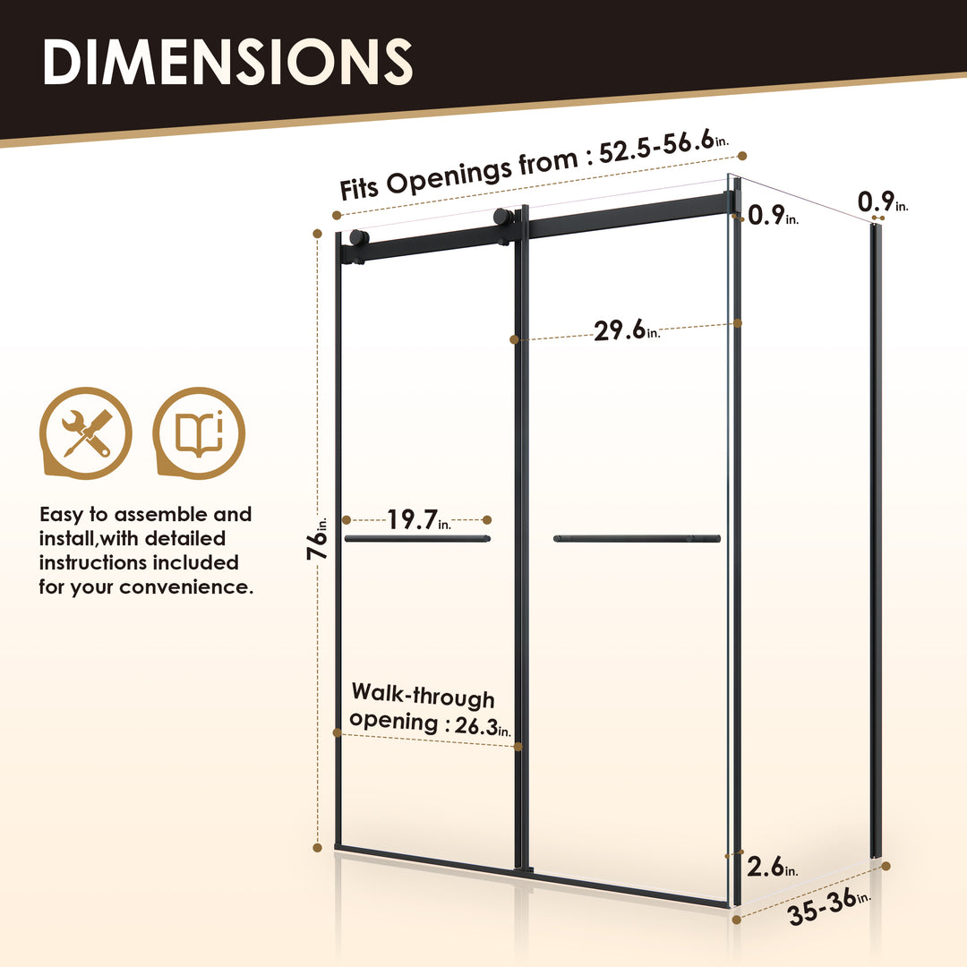 Belizzi 56" W x 76" H By Pass Frameless Exposed Roller Shower Enclosure