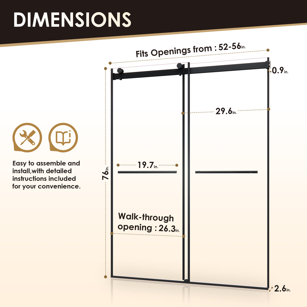 Belizzi 56" W x 76" H By Pass Frameless Exposed Roller Shower Door