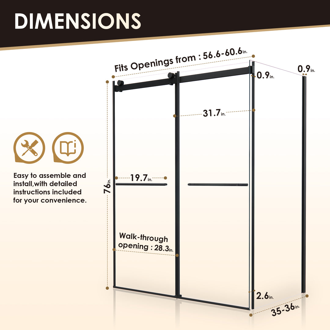Belizzi 60" W x 76" H By Pass Frameless Exposed Roller Shower Enclosure