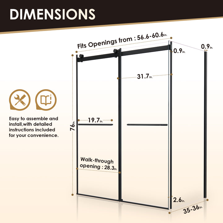 Belizzi 60" W x 76" H By Pass Frameless Exposed Roller Shower Enclosure