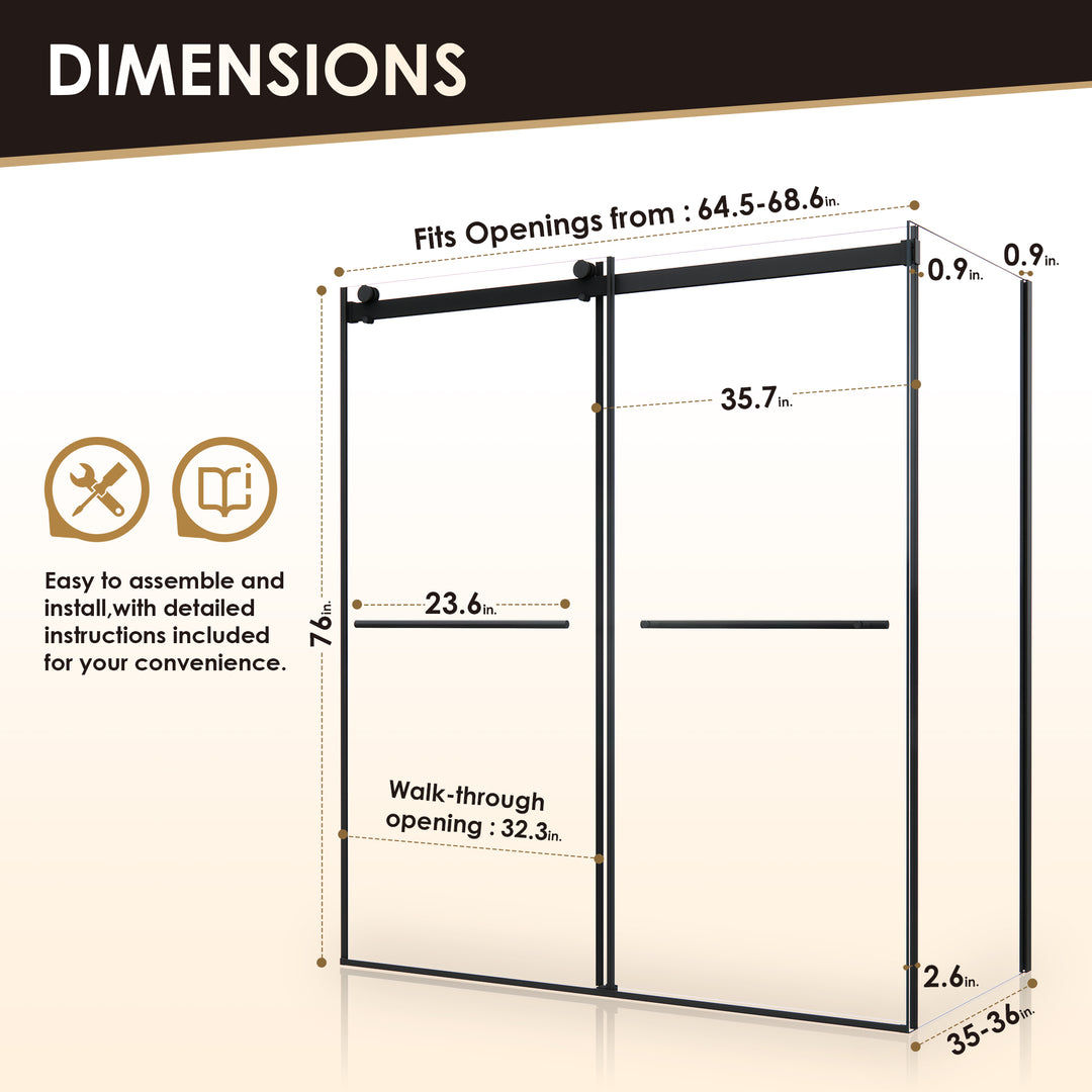 Belizzi 68" W x 76" H By Pass Frameless Exposed Roller Shower Enclosure