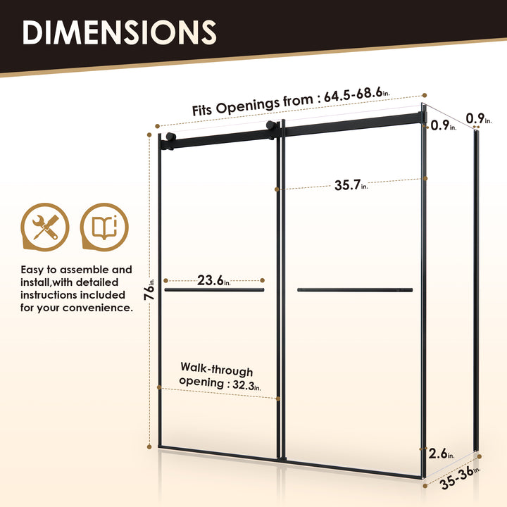 Belizzi 68" W x 76" H By Pass Frameless Exposed Roller Shower Enclosure