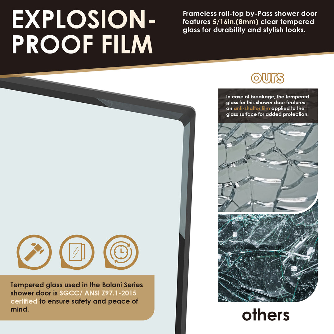 Bolani 60" W x 76" H By Pass Frameless Exposed Roller Shower Door