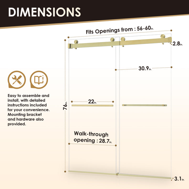 Bolani 60" W x 76" H By Pass Frameless Exposed Roller Shower Door