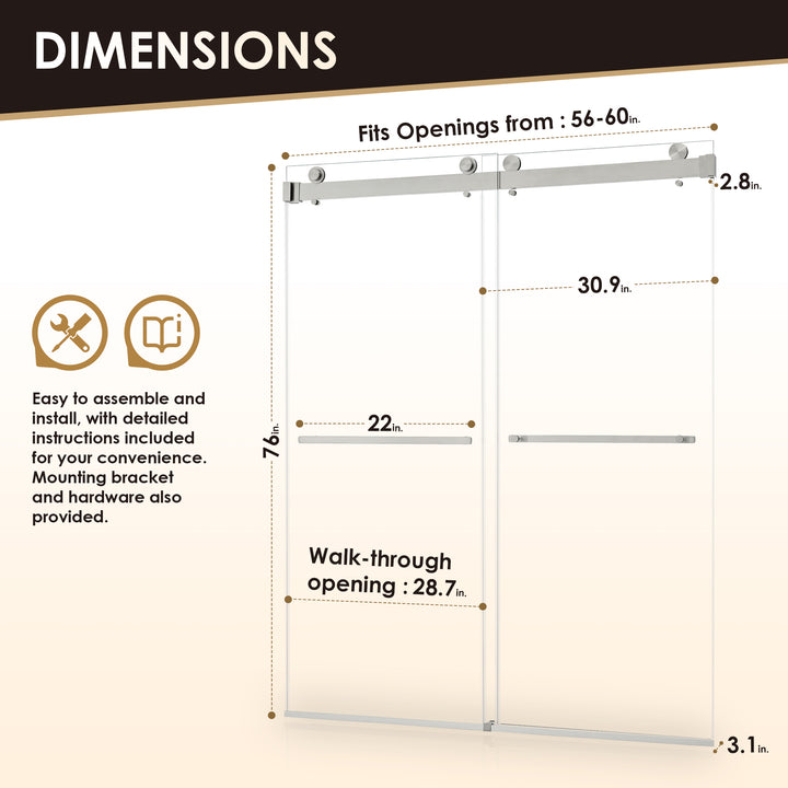 Bolani 60" W x 76" H By Pass Frameless Exposed Roller Shower Door