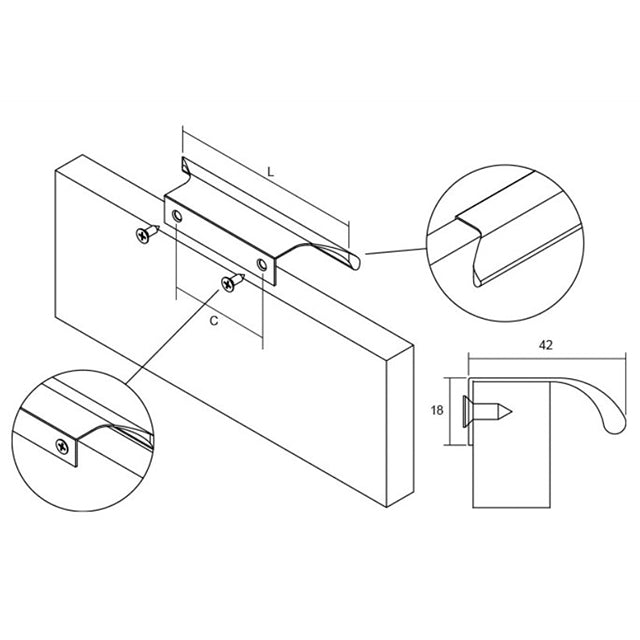 Century Cabinet  Hardware Aluminum Profile 64 MM Center to Center Finger Pull