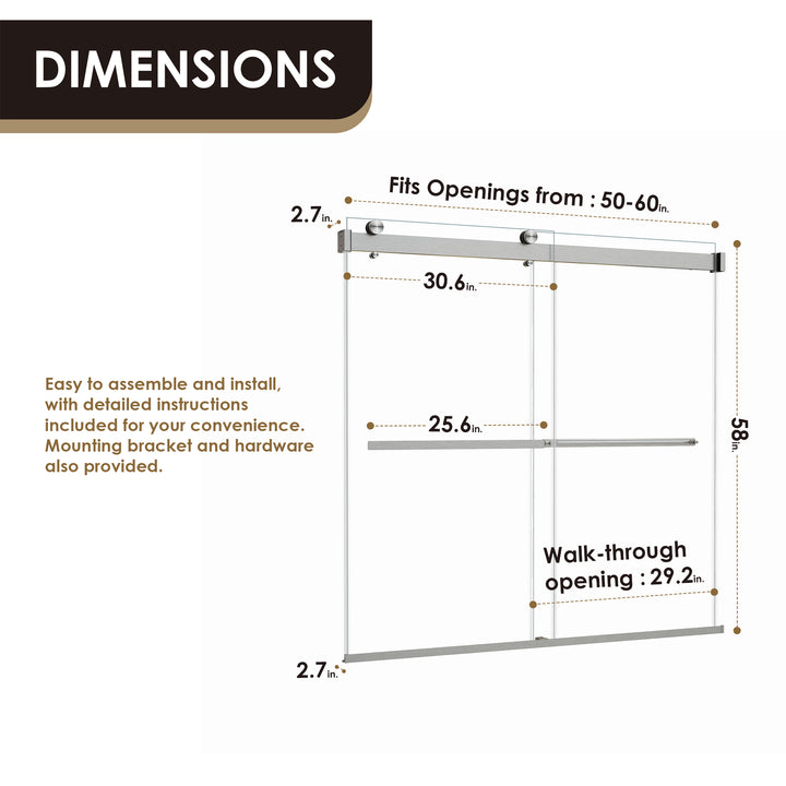 Marcelo 60" W x 58" H By Pass Frameless Tub Door