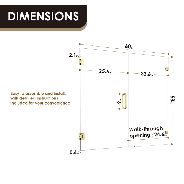 Roisin 60" W x 58" H Frameless Hinged Tub Door