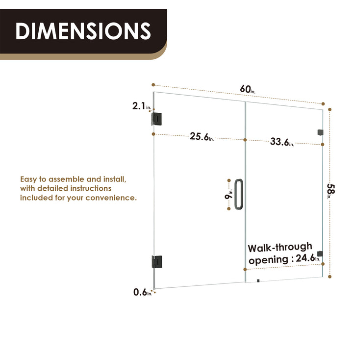 Roisin 60" W x 58" H Frameless Hinged Tub Door