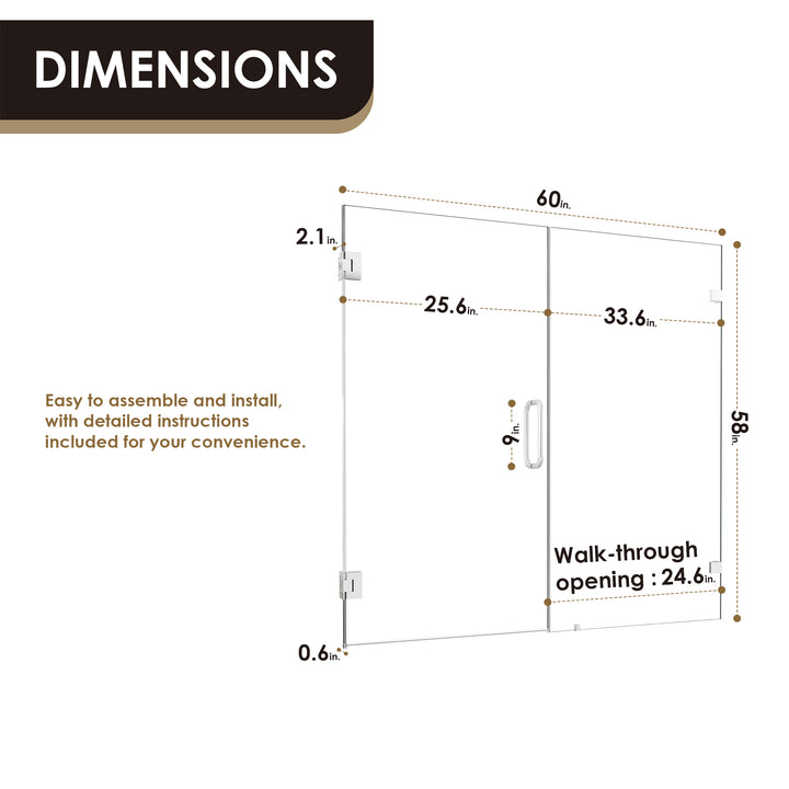 Roisin 60" W x 58" H Frameless Hinged Tub Door