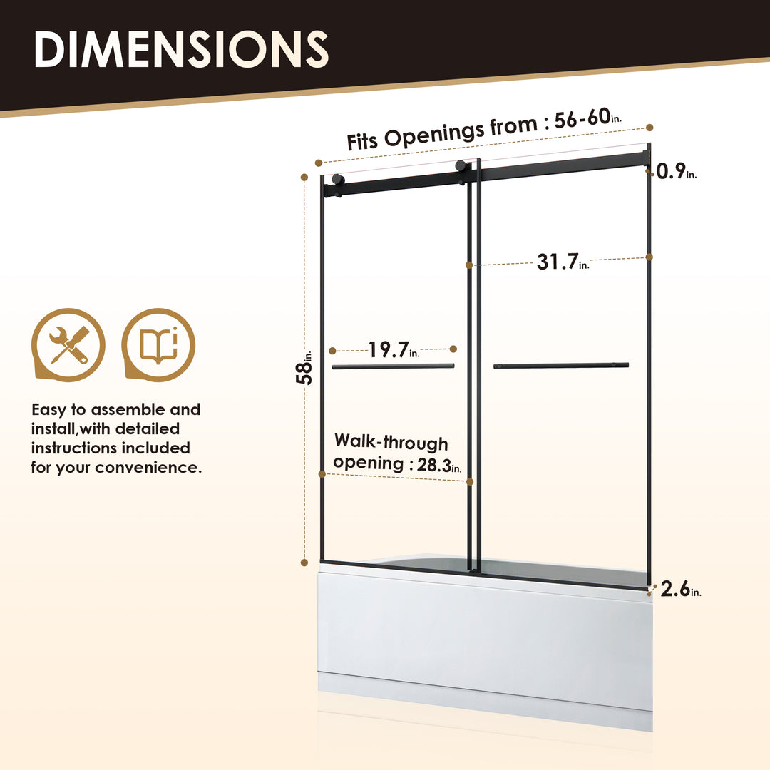 Belizzi 60" W x 58" H By Pass Frameless Exposed Roller Tub Door