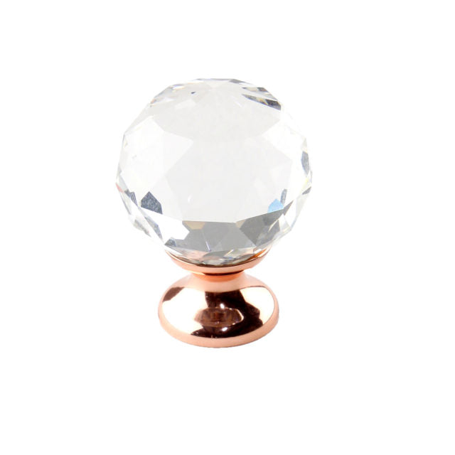 Century Cabinet Hardware Rose Gold - Transparent faceted Knob, 30mm dia, base 20mm dia, Rose Gold - cabinetknobsonline